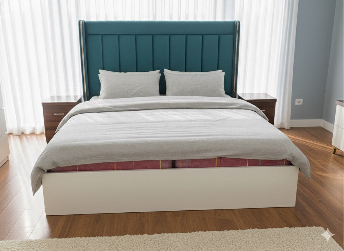 Elegant Teal Upholstered King Size Bed with Modern Base