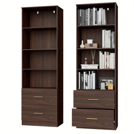 6-Tier Wooden Bookshelf with 2 Drawers