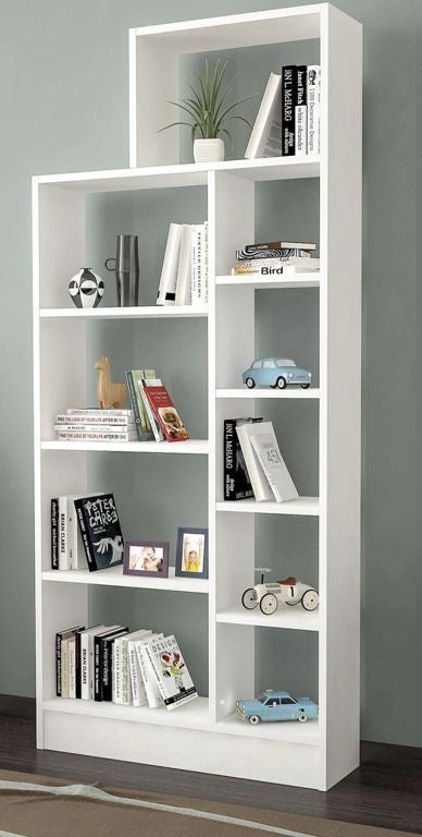 Tall Modern White Bookshelf with Open Shelves