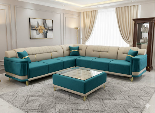 Modern Teal and Cream 7-Seater L-Shaped Sofa Set