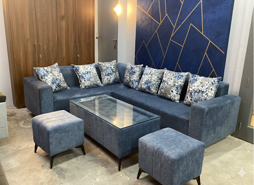"Regal Comfort" Azure L-Shape 7-Seater Sofa Set with Ottoman Stools and Glass-Top Coffee Table