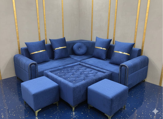 Luxurious Royal Blue Velvet Sectional Sofa with Gold Accents & Tufted Ottoman