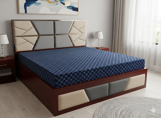 Luxury King Size Wooden Storage Bed with Geometric Upholstered Headboard